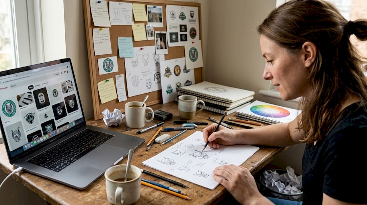 Designer sketching logo ideas at home desk