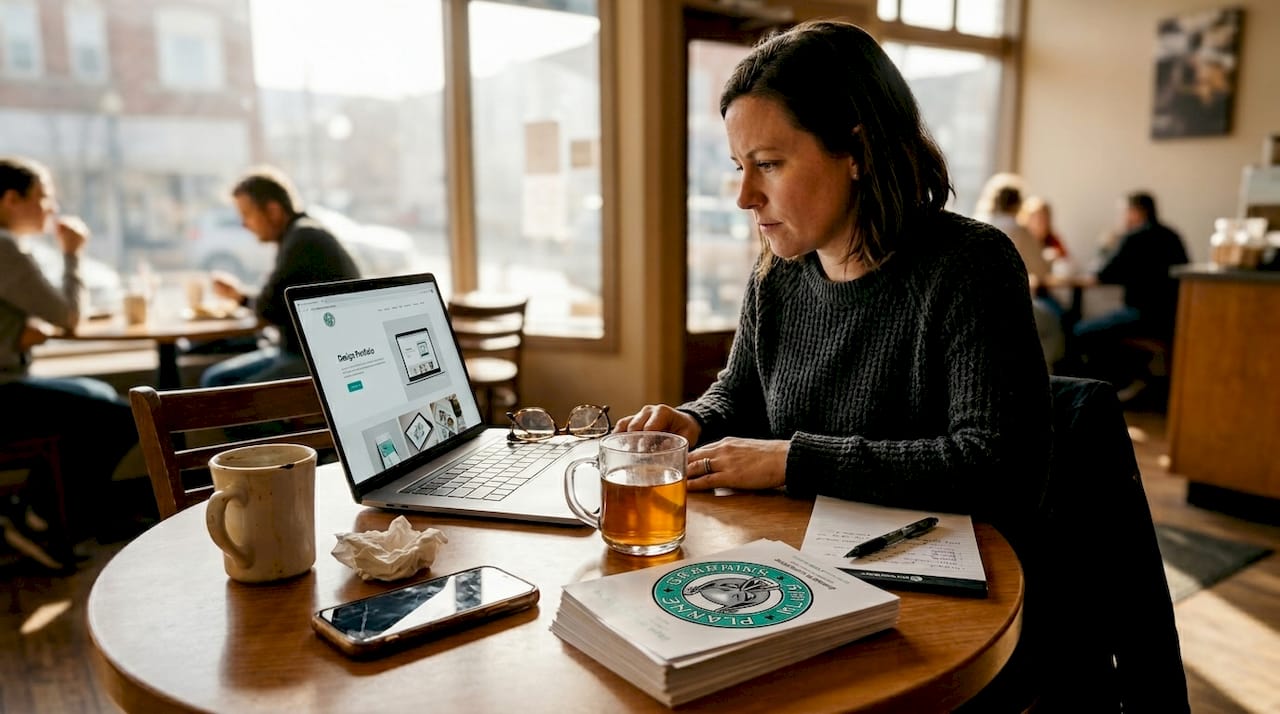 Business owner reviews logo design at café