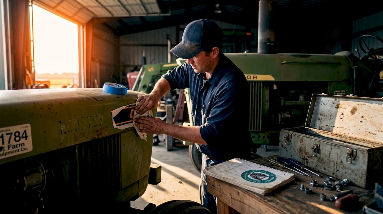 Farm worker preparing tractor for decal application