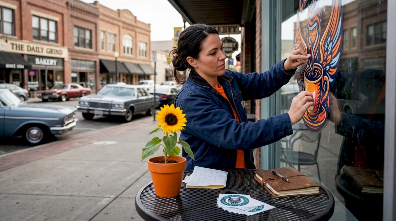 Shop owner applies colorful window decal