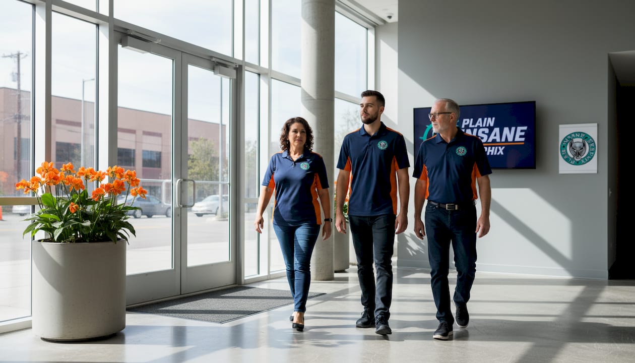 Employees in custom branded uniforms in office lobby