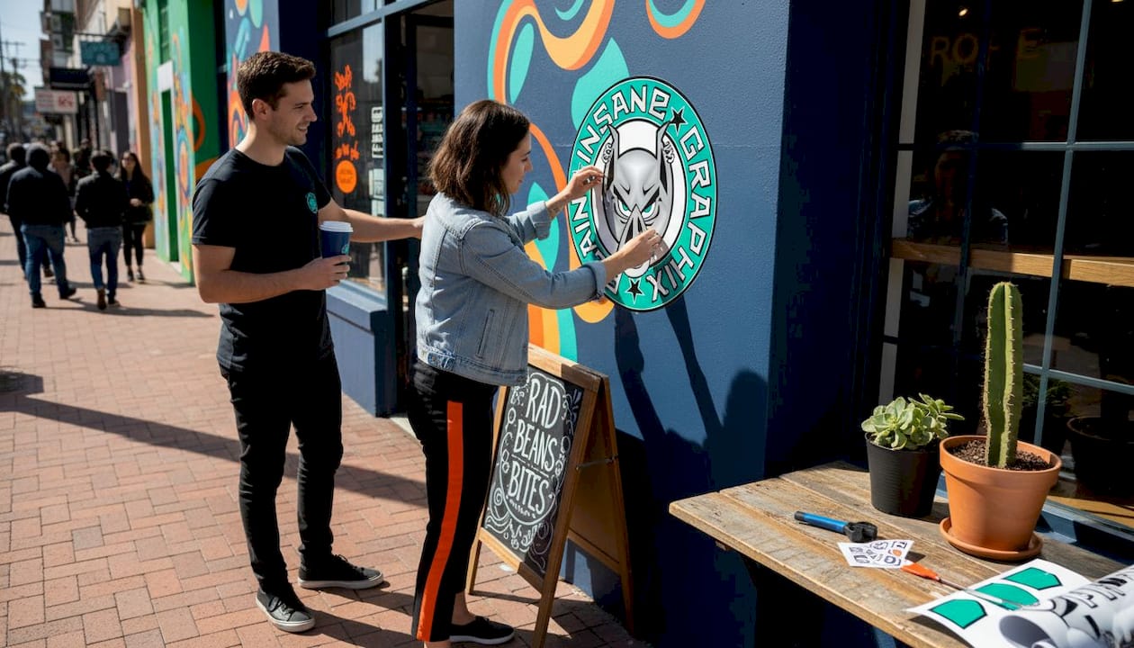 Small business owner updates storefront branding